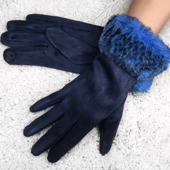 New! Faux Suede Blue Faux Firm Trim Touch Screen Winter warm Gloves - Picture 2 of 4